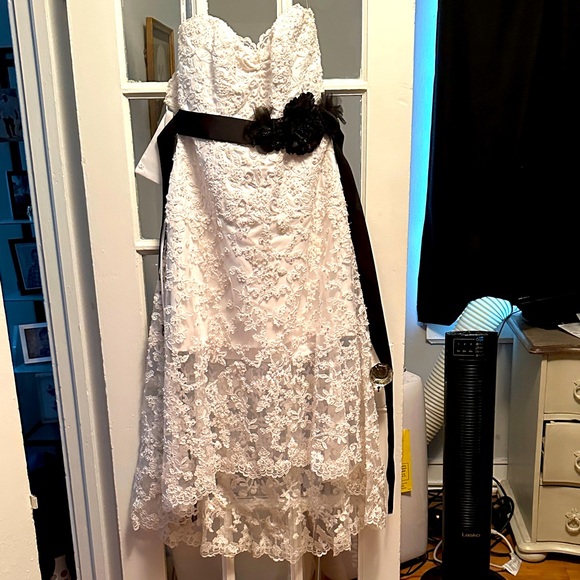 Elegant Lace Strapless Dress with Black Sash